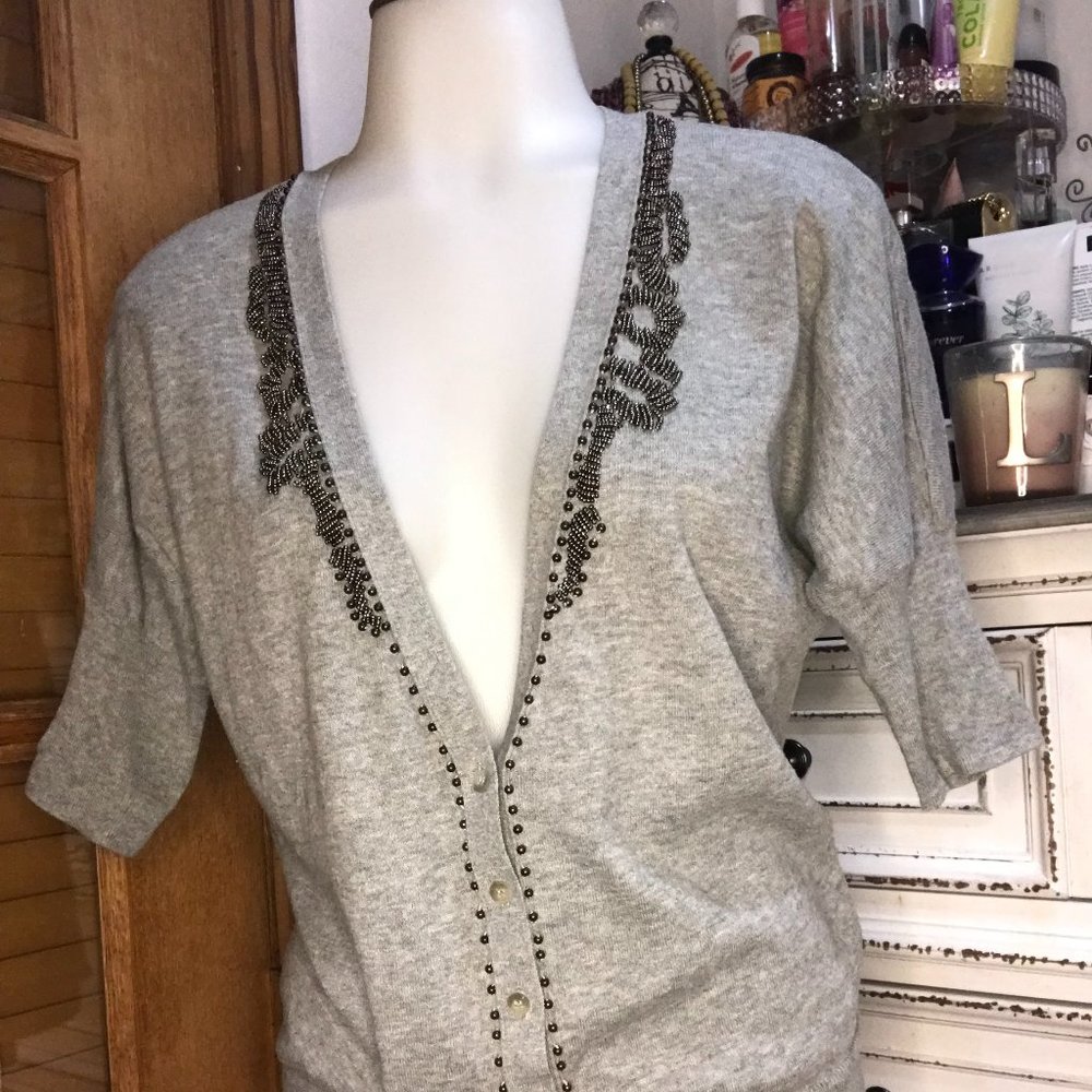 American Eagle 100% cotton gray beaded neckline down the front cardigan Size M